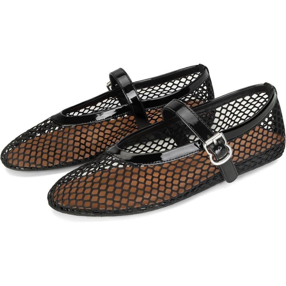 Women's Mesh Ballet Flats Buckle Strap Comfy Casual Office Fishnet Shoes Black